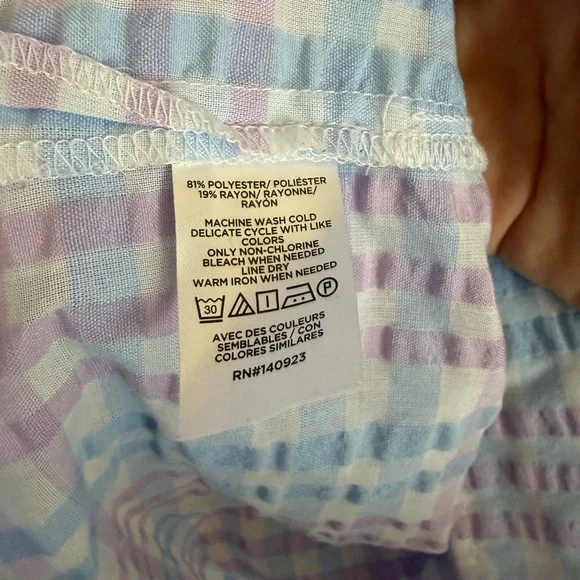 LOFT Blue & Lavender Pastel Gingham Tie-Neck Puff Sleeve Blouse Women’s Size L - Picture 8 of 11